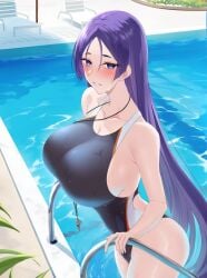 1girls big_breasts black_swimsuit blush breasts fate/grand_order fate_(series) female female_only hair huge_breasts kai_yuzuki large_breasts long_hair mature mature_female mature_woman milf minamoto_no_raikou_(fate/grand_order) neckwear one-piece_swimsuit pool poolside purple_eyes purple_hair smile solo solo_female swimsuit swimwear thighs water wet wet_body whistle whistle_around_neck