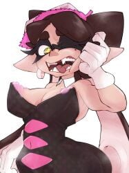 1girls breasts callie_(splatoon) cleavage detached_collar from_below gloves gluten000000 ink inkling inkling_girl long_hair mole mole_under_eye nintendo nipples one_eye_closed open_mouth pointy_ears simple_background splatoon splatoon_(series) tentacle tentacle_hair tongue tongue_out white_background white_gloves