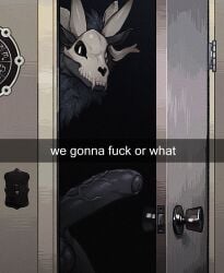 2025 american_mythology balls black_body black_fur black_penis bone canid canine canine_skull chest_tuft detailed digital_drawing_(artwork) digital_media_(artwork) door_handle doorframe doorknob doorway english_text erection fangs fur genitals glans hi_res horn humanoid_genitalia humanoid_penis indigenous_north_american_mythology light_switch looking_at_viewer mahim_pupsik male mammal mythology north_american_mythology penis profanity skull skull_head solo talking_to_viewer teeth text tuft vein veiny_penis wendigo white_eyes