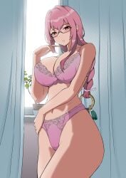 1girls big_breasts blush bottomwear bra braid braided_hair breasts cleavage dzombi1_(artist) eyewear female female_only glasses hair hair_ornament hand_on_hip hips huge_breasts lace lace-trimmed_bra lace-trimmed_panties lace_trim lingerie panties pink_bra pink_eyes pink_hair pink_panties solo solo_female thighs topwear tsukishiro_yanagi zenless_zone_zero