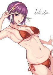 1girls athena_asamiya big_ass big_breasts bikini breasts busty clothed cute_face female hair_ornament headband highres hoshinatsue king_of_fighters light-skinned_female light_skin looking_at_viewer open_mouth outdoors outside pale-skinned_female pale_skin purple_eyes purple_hair red_bikini round_breasts short_hair sideboob smiley_face smiling_at_viewer standing star thick thick_thighs thighs tied_hair tight_clothes underboob voluptuous voluptuous_female white_skin winking_at_viewer