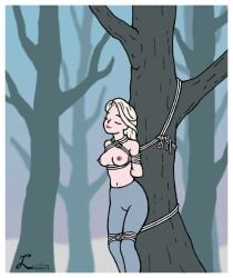 blonde_hair bondage bound disney elsa_(frozen) female female_only femsub frozen_(film) happy luctem outdoors png rope smile smiling tree