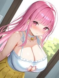 1girls :3 ai_generated blunt_bangs boob_window cat_cutout cleavage cleavage_cutout huge_breasts kaina_(kosine1777) kosine1777 kosineverse long_hair original original_character pink_hair pleated_skirt skirt tank_top yellow_skirt young