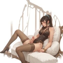 ai_generated athletic_futanari big_breasts black_hair blindparty civitai dickgirl eve_(stellar_blade) futanari inside lingerie living_room masturbation penis ready sitting solo stellar_blade