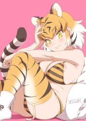 absurdres animal_ears animal_print bengal_tiger_(kemono_friends) black_hair blush breasts female female_pubic_hair highres huge_breasts kemono_friends kemono_friends_3 masuyama_ryou multi_ear multicolored_hair nude on_pillow orange_hair pink_background print_thighhighs pubic_hair short_hair solo striped_hair tail thighhighs tiger_ears tiger_girl tiger_print tiger_tail white_hair yellow_eyes