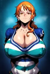 ai_generated arms_behind_back breasts cleavage closed_mouth clothing covered_nipples expressionless female female_focus female_only gloopai huge_breasts long_hair looking_at_viewer looking_down nai_diffusion nami nami_(one_piece) nipple_bulge nipples nipples_visible_through_clothing one_piece shirt solo solo_female sweat sweatdrop sweating sweaty