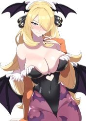 bat_wings blonde_hair breasts bridal_gauntlets capcom cleavage covered_navel creatures_(company) crossover cynthia_(pokemon) darkstalkers female game_freak gray_eyes huge_breasts large_breasts leotard long_hair mature_female milf morrigan_aensland morrigan_aensland_(cosplay) nintendo pokemon pokemon_(game) pokemon_dppt skin_tight solo tagme the_pokemon_company thighhighs thighs vampire_(game) wings