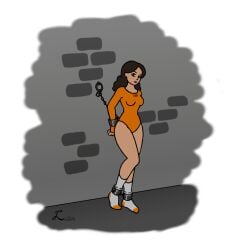 ankle_cuffs bondage bound chains female female_only femsub fully_clothed luctem orange_clothing png prison_clothes prison_uniform prisoner steel_bondage tight_clothing