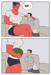 1boy 1boy1girl 1girl1boy 1girls bigger_female boonie_baby comic comic_page demon demon_girl demon_horns female horns muscle muscle_girl muscular muscular_female not_porn red_skin sfw taller_female taller_girl thick thick_legs thick_thighs