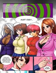 1boy 4girls breasts brown_hair busty canon_genderswap choker cleavage clothed clothing collette_(daveyboysmith) comic crossover dark-skinned_female dark_skin daveyboysmith_(character) earrings expressionless genderswap_(mtf) hourglass_figure hypnosis hypnotic_eyes jadenkaiba kaa_eyes large_breasts long_hair mind_control multiple_girls necklace oh_my_goddess! open_mouth original original_character ponytail ranma-chan ranma_1/2 ranma_saotome red_hair rule_63 short_hair silver_hair skirt source_request standing tea_gardner text urd voluptuous watermark yu-gi-oh!