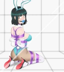 arms_behind_back arms_bound ball_gag black_hair blue_ball_gag blue_bunny_ears blue_bunnysuit bondage bound bunny_ears bunnysuit cant1ndausername crotch_rope elbow_gloves female female_only femsub fully_clothed gag gloves grey_eyes high_heels kneeling legs_bound long_gloves tight_clothing white_gloves white_socks