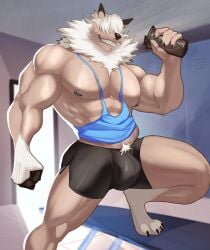 abs anthro athletic_wear biceps big_chest black_nose bottomwear bulge clothing covered_eyes crotch_tuft fists_clenched fur generation_7_pokemon gym gym_bottomwear gym_shorts hi_res locker_room lycanroc male mane muscular muscular_anthro muscular_male nescitop nintendo nipples oversized_clothing pecs pokemon pokemon_(species) pose protein_shake sharp_teeth shirt shorts smile solo solo_focus tan_body tan_fur tank_top teeth thigh_up topwear tuft white_body white_fur