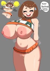 1girls areolae artist_request ass breasts brown_hair cheerleader cheerleader_uniform closed_eyes crop_top english_text femsub gullible huge_ass huge_breasts large_areolae leg_lift maledom microskirt my_hero_academia nipples ochako_uraraka open_clothes open_mouth pom_poms pussy pussy_juice short_hair skirt slutty_outfit smile sweat text thick_thighs thighs u.a._cheerleader_outfit useless_clothing wide_hips