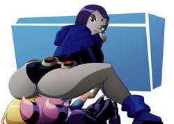 3girls alternate_breast_size ass big_breasts blue_background dc facesitting female female_only huge_ass jinx_(dc) large_breasts lesbian multiple_girls rachel_roth raven_(dc) ravenravenraven smooth_skin teen_titans terra terra_(dc) white_background yuri