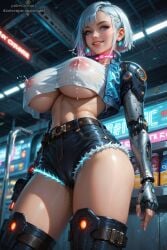 1girls absurd_res ai_generated aiartsexyanimationgirl alternate_version_available android big_breasts blue_hair breasts hi_res highres ljngwn312268 nipples nipples_visible_through_clothing no_bra robot_arm shiny_skin short_hair solo thighhighs thighs underboob watermark