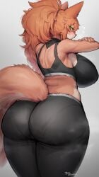 1girls 2d 2d_(artwork) 5_fingers anthro ass_sweat back_view big_ass big_breasts colored digital_media_(artwork) furry green_eyes hi_res looking_at_viewer open_mouth orange_ears orange_fur orange_hair orange_tail pantylines simple_background sportswear suurin_(ksyaro) sweating thick_thighs