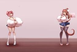 2024 2girls anime_style big_breasts breast_expansion breast_growth breasts breasts_bigger_than_head brown_hair button_gap cleavage collared_shirt color doki_doki_literature_club female female_only giant_breasts gigantic_breasts green_eyes hi_res high_resolution highres huge_breasts human human_only large_breasts metachoke monika_(doki_doki_literature_club) multiple_girls natsuki_(doki_doki_literature_club) nipple_bulge open_mouth overflowing_breasts pink_eyes pink_hair school_uniform sequence simple_background skirt smile smiling thick_thighs thighhighs tight_clothes tight_clothing tongue tongue_out underboob white_bow