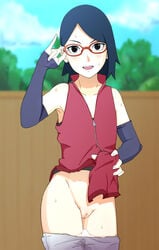 armpit black_eyes black_gloves black_hair blushing boruto:_naruto_next_generations female gloves looking_at_viewer naruto open_clothes open_mouth outside panties_down pants_down presenting pussy red_frame_glasses sarada_uchiha sleeveless sleeveless_shirt sweat vagina