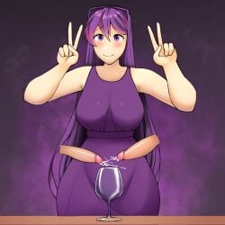 1girls cum_in_glass doki_doki_literature_club dress peace_sign triplestabber wine_glass yuri_(doki_doki_literature_club)