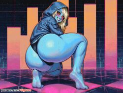 ai_generated bare_legs barefoot blonde_hair blue_body feet foot_fetish from_behind gigatsu hood looking_back panties smile sole_female soles squatting toes vaporwave