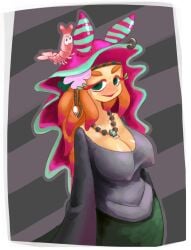 1girls anthro breasts cleavage clothing dress earrings female flow_(splatoon) green_eyes hair hair_ornament hat headwear huge_breasts jewelry large_breasts long_hair long_sleeves looking_at_viewer mammal minus8 multicolored_hair necklace no_nose orange_hair pearl_necklace pink_hair sleeves_past_wrists smile solo splatoon splatoon_2