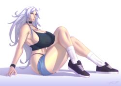 bare_shoulders big_breasts clothed clothed_female female_only kagura_(raiosmanis) long_hair raidouzero short_shorts sitting thick_thighs thong voluptuous white_background white_hair