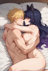 1boy 1girls ai_generated bed bedroom blake_belladonna blonde_hair blush happy jaune_arc on_bed rwby tagme