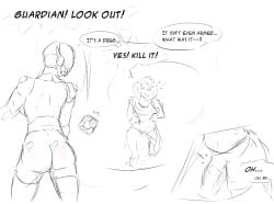 1boy 1boy1girl 1girl1boy 1girls black_and_white comic comic_page fallen female robot robot_girl sketch thiccrobots titan_(destiny)