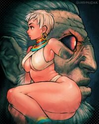 1boy 1girls akuma alternate_version_available ass breasts cleavage dark-skinned_female elena_(street_fighter) quasimodox short_hair street_fighter street_fighter_6 white_hair