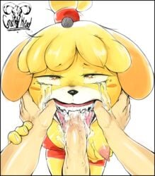 1boy 1girls 2017 absurd_res ahe_gao animal_crossing anthro areola bell big_penis black_nose blonde_hair blush breast_grab breast_squeeze breasts canine clothed clothing cum cum_in_mouth cum_inside cum_on_breasts deepthroat_fishhooking dress drooling erect_nipples fellatio female finger_in_mouth fishhooking fully_clothed fur furry goat-head_(artist) hair hairband half-closed_eyes hand_on_breast hi_res holding_breast human human_on_anthro interspecies isabelle_(animal_crossing) looking_at_viewer male male_pov mammal mouth_hold nintendo nipples one_breast_out open_mouth oral oral_sex penis pov rough_sex saliva saliva_string sharp_teeth shih_tzu spread_mouth straight tears teeth text tongue veins veiny_penis video_games watermark wet yellow_fur