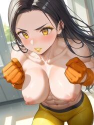 abs ai_generated belt belt_buckle big_breasts black_hair canonical_outfit close_up gloves kosine1777 kosineverse large_breasts light_skin long_hair muscular muscular_female nipples orange_gloves original original_character serena_(kosine1777) superheroine toned toned_female topless yellow_eyes yellow_lipstick yellow_pants