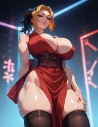 ai_generated cleavage demon_slayer fr34ky from_below huge_breasts kimetsu_no_yaiba makio_(kimetsu_no_yaiba) thick_thighs thighs