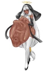 breasts cock_bulge female_pred male_prey nun nun_outfit stomach_bulge tight_fit vore