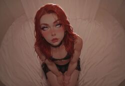 ai_generated bedroom blindparty civitai crossdressing femboy inside lingerie male_only partially_clothed_femboy penis red_hair silver_eyes trap