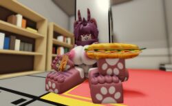 1girls 3d anthro breasts changed_(video_game) female food furry looking_at_viewer nervous_expression offering_food pink_nipples pink_pussy ravenuwu roblox robloxian self_upload stiger_(changed) tagme