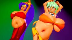 2girls 3d 3d_(artwork) animated annoyed annoyed_expression armpits arms_up belly_expansion big_belly big_breasts blue_eyes breasts breasts_bigger_than_head clothing crossover curvaceous curvy curvy_figure dancing female female_only green_hair huge_breasts jungle_de_ikou long_hair mii_(jungle_de_ikou) mostly_clothed necklace no_sound open_mouth prevence purple_hair shantae shantae_(character) shorter_than_10_seconds shorter_than_30_seconds skull_necklace tagme top_heavy video