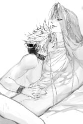 2boys blue_eyes cloud_strife collar cuffs final_fantasy final_fantasy_vii gay gay_sex green_eyes greyscale hand_behind_head jewelry long_hair male/male muscular muscular_male naked necklace nude sephiroth sex spiky_hair tagme tiandayu2022 toned_male white_background yaoi