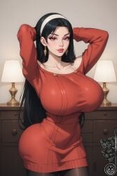 ai_generated arms_behind_head big_breasts black_hair bythebrokenone earrings female gigantic_breasts lipstick long_hair makeup seductive spy_x_family yor_briar yor_forger