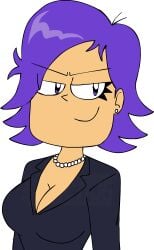 1girls bedroom big_breasts breasts business_suit cartoon_network cleavage clothed female female_only hi_hi_puffy_amiyumi looking_at_viewer madoldcrow1105 necklace purple_hair seductive smile solo yumi_yoshimura