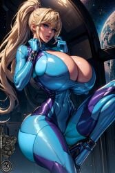 ai_generated big_breasts bimbo blonde_hair blue_eyes bodysuit bythebrokenone female gigantic_breasts high_heels long_hair metroid ponytail samus_aran zero_suit_samus