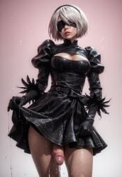 ai_generated arborgold belt black_clothing black_dress collar cum dress futa_only futanari gloves narrow_waist nier:_automata pale-skinned_futanari pale_skin penis penis_peek pink_eyes puffy_sleeves solo solo_futa wide_hips yorha_2b