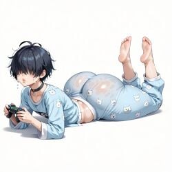 ai_generated ass_visible_through_clothes big_ass eyes_covered female female_only game_controller hair_over_eyes laying_on_stomach pajamas short_hair