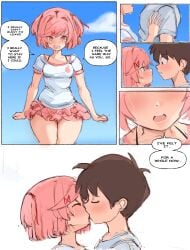 1boy 1girls blush comic comic_page crying dialogue doki_doki_literature_club english_text female hand_on_chest human kissing male mc_(doki_doki_literature_club!) natsuki_(doki_doki_literature_club) pink_eyes pink_hair rakeemspoon shirt skirt sky text wholesome