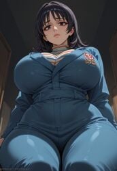 ai_generated anya_(mouthwashing) big_breasts black_hair blue_uniform female hypet looking_at_viewer mature_female mouthwashing mouthwashing_(game) sitting solo tagme thick thick_ass thick_legs thick_thighs thigh_highs thighhighs thighs tired_expression tired_eyes tired_look uniform wide_hips