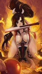 all_fours big_breasts brown_hair cleavage elsevilla mai_shiranui street_fighter