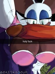 alternate_version_available anthro anthropomorphic bat big_boobs big_breasts big_cock big_penis cleavage cock cum dark_skinned_female dripping_cum eyes_looking_down holding_camera knuckles_the_echidna lips penis_in_face penis_in_front_of_face pov profanity rouge_the_bat smirk snapchat somethinsour sonic_(series) sonic_the_hedgehog_(series) text tits titties
