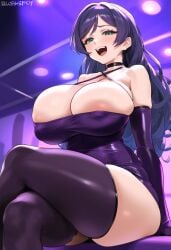 1girls ai_generated big_breasts green_eyes light-skinned_female love_live! purple_hair tharkica thick_thighs toujou_nozomi