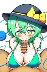 1boy 1girls bar_censor black_hat closed_mouth cum frilled_bikini green_bikini green_eyes green_hair gyuta hat_bow koishi_komeiji komeiji_koishi large_breasts paizuri penis pov short_hair simple_background smile starry_eyes straight third_eye touhou white_background