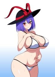 1girls 2d belly belly_button big_breasts bikini bikini_only blush breasts breasts_bigger_than_head cleavage female gradient_background hand_on_breast hat hat_ribbon iku_nagae looking_at_viewer nagae_iku nails nipple_bulge purple_hair red_eyes shiny_hair shiny_skin short_hair shy smile solo source ssaf ssaf52913778 ssaf_seibeupail sweat sweatdrop swimwear swimwear_only thick_thighs thighs touhou