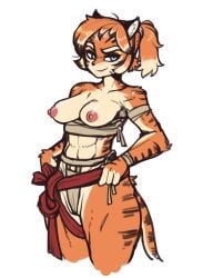 animal_ears blue_eyes body_fur breasts furry furry_female hanbok highres korean_clothes nipples reccand scar scar_on_face sumo tiger tiger_girl